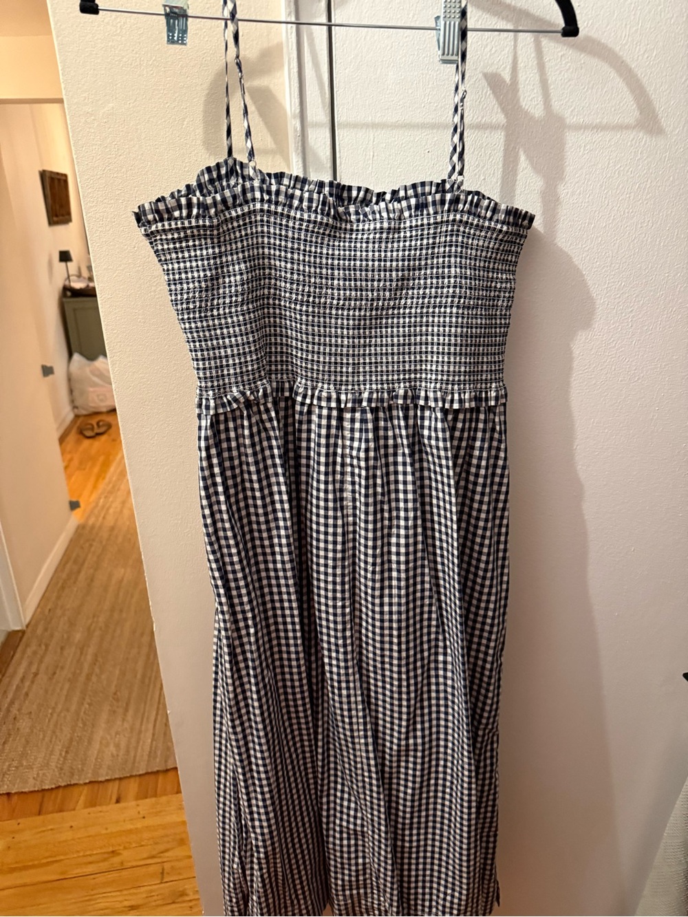J. Crew Navy and White Gingham Smocked Dress